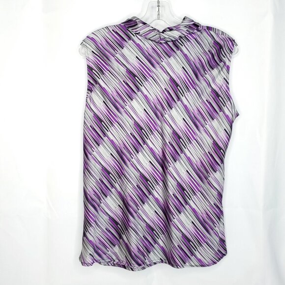 Womens Sleeveless Blouse L Purple Gray Bow Neck Tie Vintage 90s Secretary - Picture 2 of 4